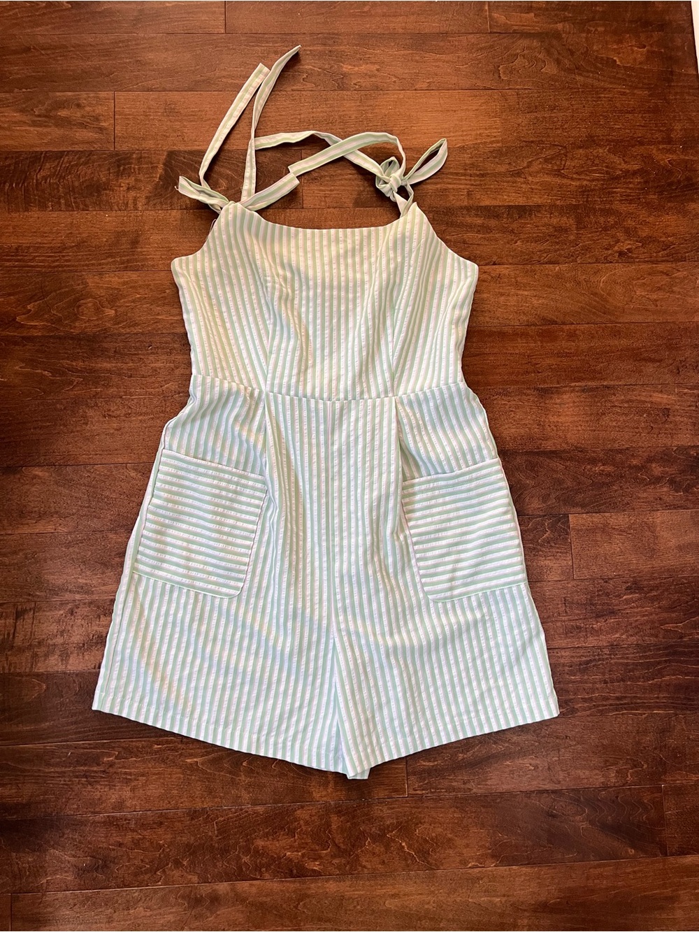 Striped Tie-Shoulder Romper in Light Mint